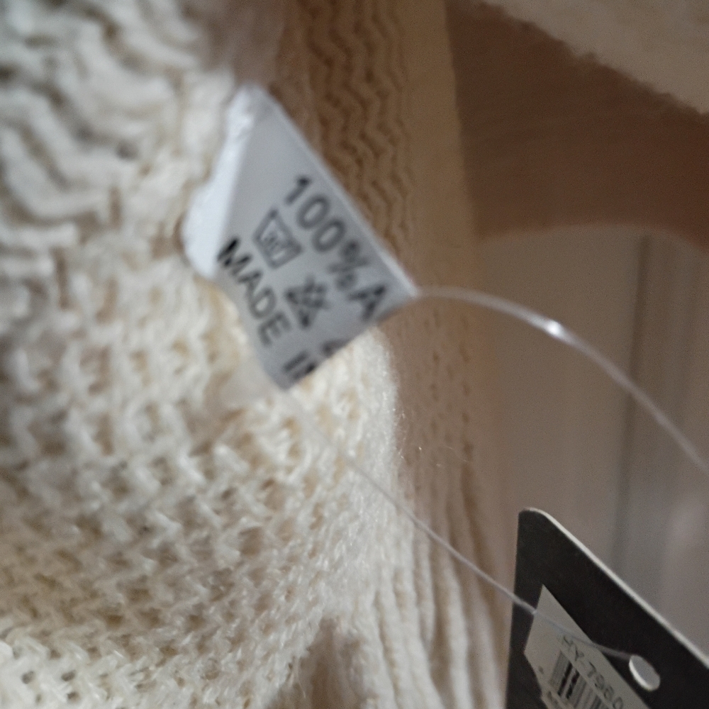 NWT.Cream Knit Poncho with Fringe and Button Detail - Picture 7 of 7